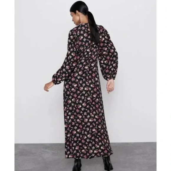 Zara Floral Print Midi Dress Black Pink Size Small - Picture 2 of 8